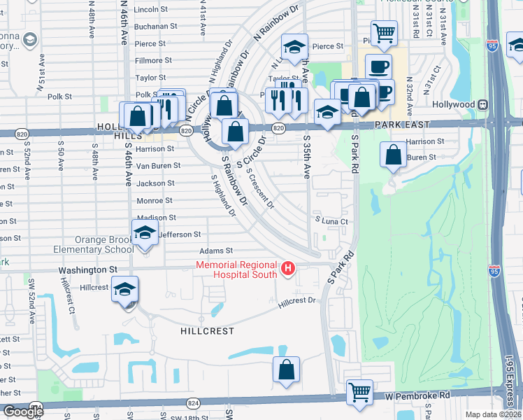 map of restaurants, bars, coffee shops, grocery stores, and more near 609 South Rainbow Drive in Hollywood
