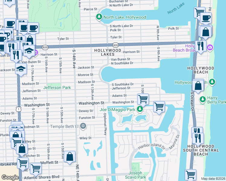 map of restaurants, bars, coffee shops, grocery stores, and more near 725 South 12th Avenue in Hollywood