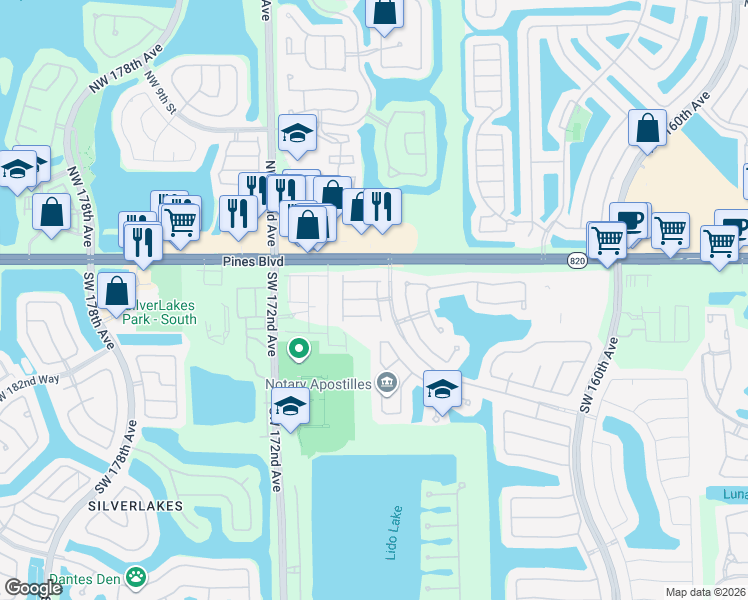 map of restaurants, bars, coffee shops, grocery stores, and more near 16869 Southwest 1st Manor in Pembroke Pines