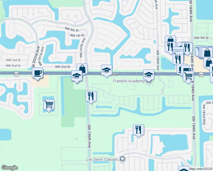 map of restaurants, bars, coffee shops, grocery stores, and more near 312 Southwest 193rd Avenue in Pembroke Pines