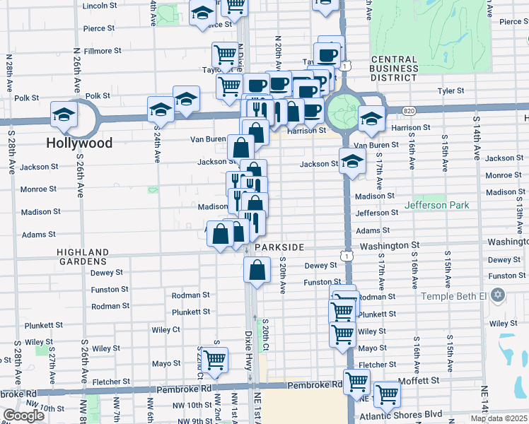map of restaurants, bars, coffee shops, grocery stores, and more near 2034 Jefferson Street in Hollywood
