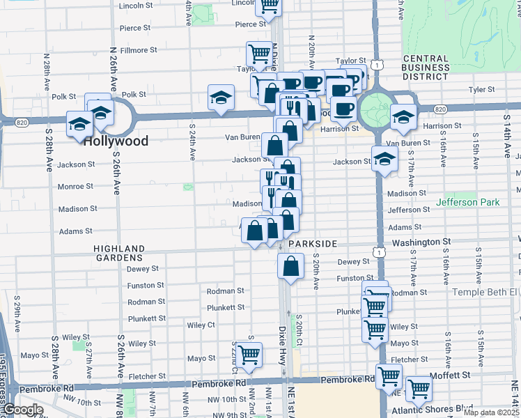 map of restaurants, bars, coffee shops, grocery stores, and more near 2150 Madison Street in Hollywood