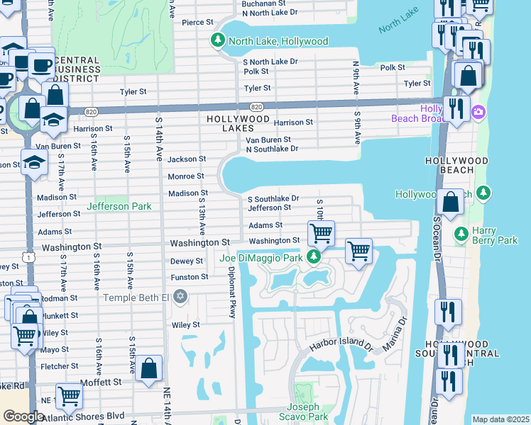map of restaurants, bars, coffee shops, grocery stores, and more near 1117 Adams Street in Hollywood