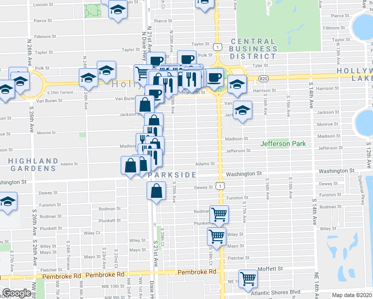 map of restaurants, bars, coffee shops, grocery stores, and more near 1948 Jefferson Street in Hollywood