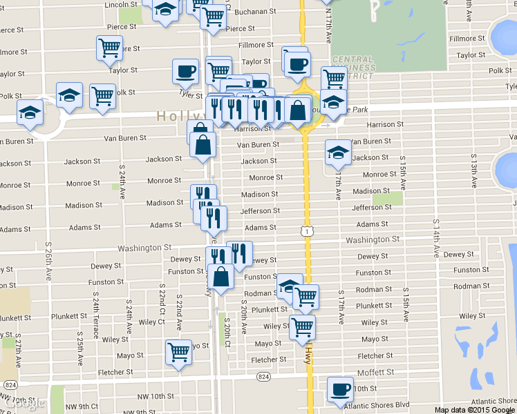 map of restaurants, bars, coffee shops, grocery stores, and more near 1948 Jefferson Street in Hollywood