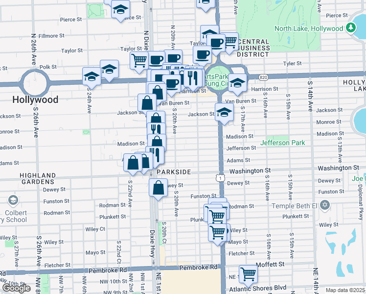 map of restaurants, bars, coffee shops, grocery stores, and more near 1948 Jefferson Street in Hollywood