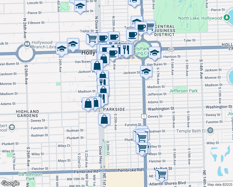 map of restaurants, bars, coffee shops, grocery stores, and more near 1948 Jefferson Street in Hollywood