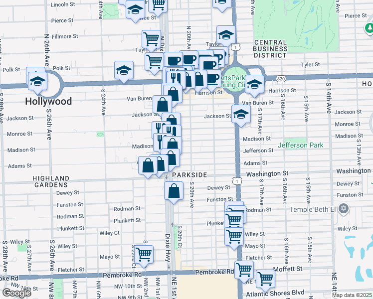 map of restaurants, bars, coffee shops, grocery stores, and more near 2034 Jefferson Street in Hollywood