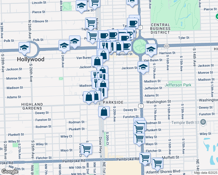 map of restaurants, bars, coffee shops, grocery stores, and more near 2034 Jefferson Street in Hollywood