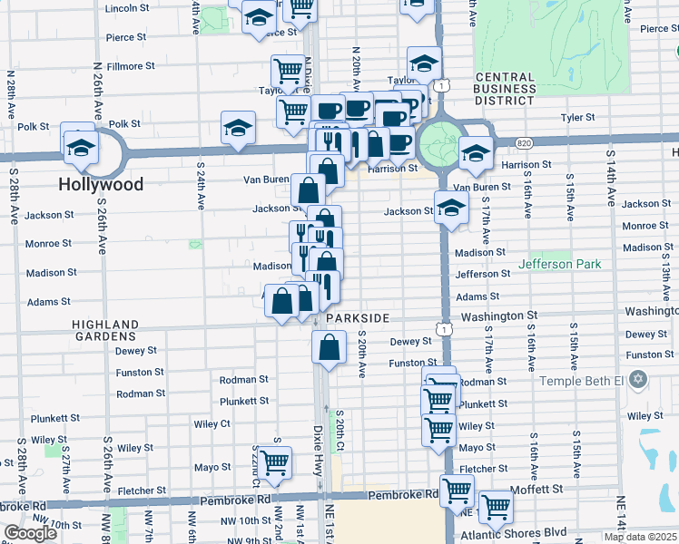 map of restaurants, bars, coffee shops, grocery stores, and more near 2034 Jefferson Street in Hollywood