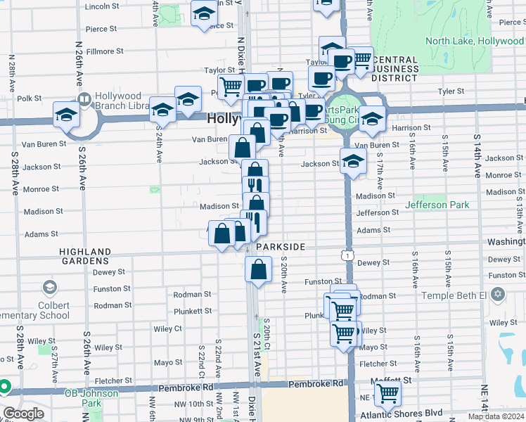 map of restaurants, bars, coffee shops, grocery stores, and more near 2034 Jefferson Street in Hollywood