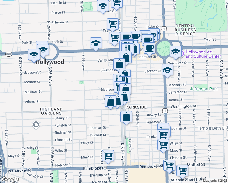 map of restaurants, bars, coffee shops, grocery stores, and more near 2107 Adams Street in Hollywood
