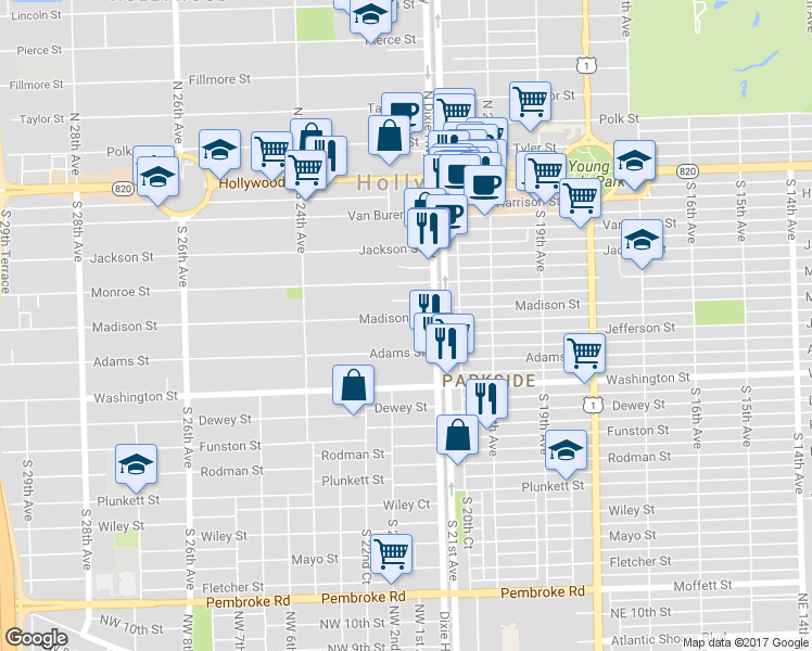 map of restaurants, bars, coffee shops, grocery stores, and more near 2205 Adams Street in Hollywood