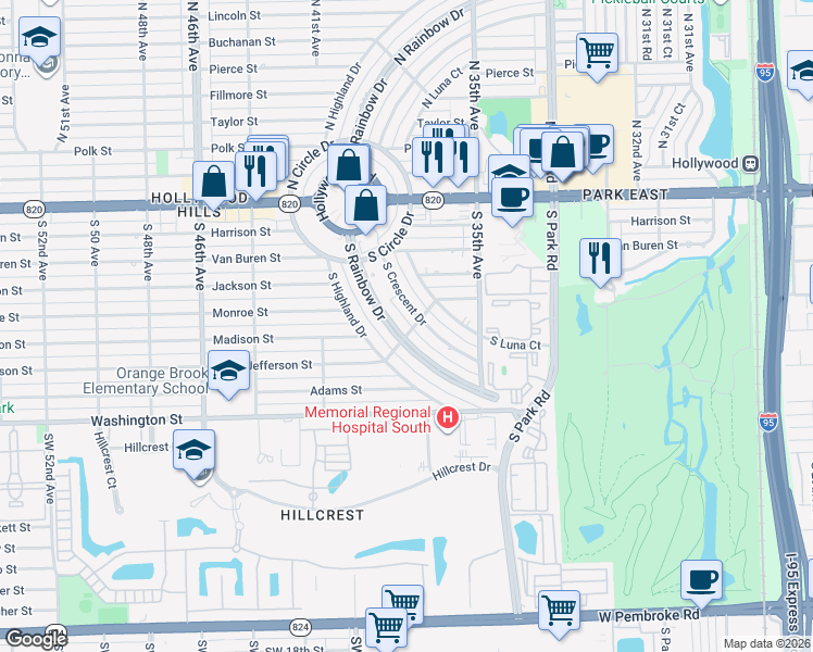 map of restaurants, bars, coffee shops, grocery stores, and more near 609 South Rainbow Drive in Hollywood