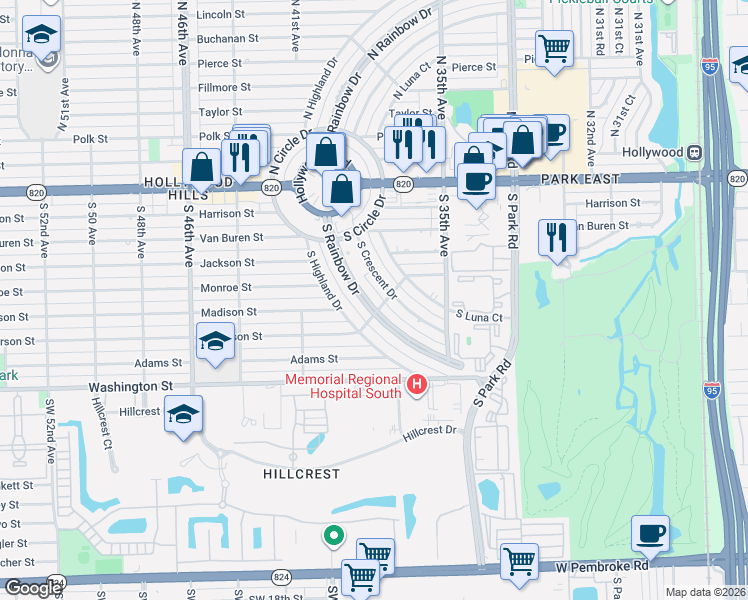 map of restaurants, bars, coffee shops, grocery stores, and more near 609 South Rainbow Drive in Hollywood