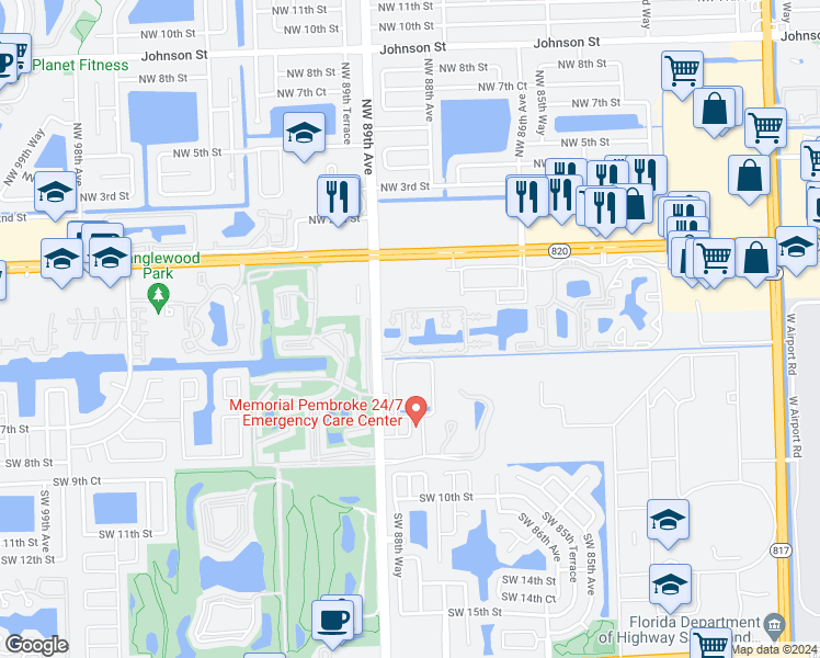 map of restaurants, bars, coffee shops, grocery stores, and more near 8713 Southwest 5th Street in Pembroke Pines