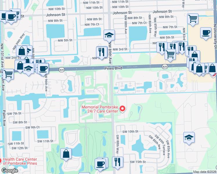 map of restaurants, bars, coffee shops, grocery stores, and more near 450 Southwest 88th Terrace in Pembroke Pines