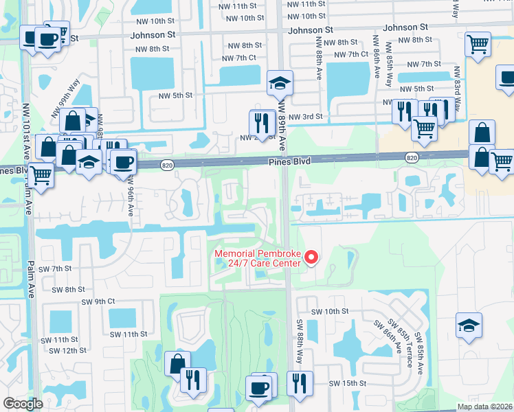 map of restaurants, bars, coffee shops, grocery stores, and more near 400 South Hollybrook Drive in Pembroke Pines