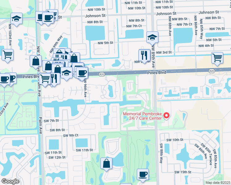 map of restaurants, bars, coffee shops, grocery stores, and more near 9453 Palm Circle East in Pembroke Pines