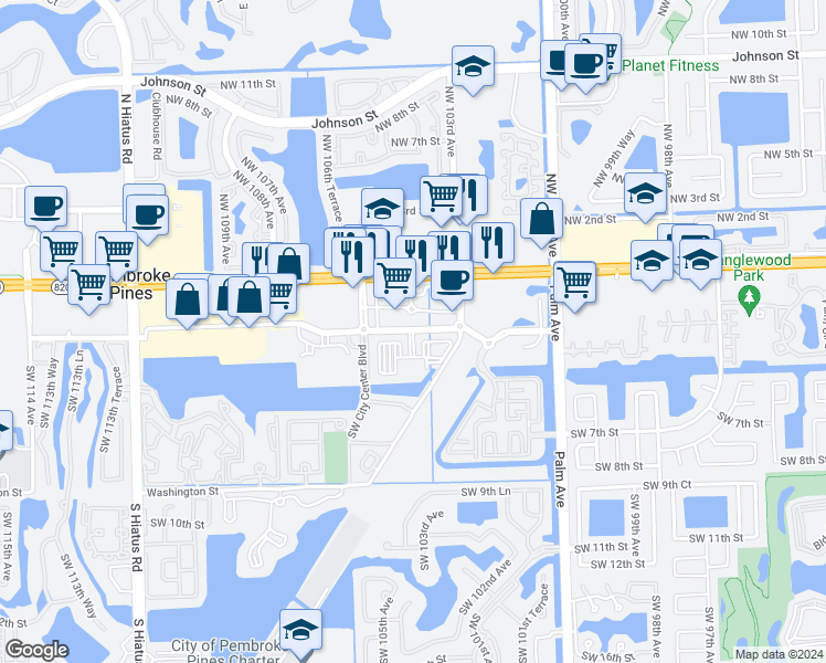 map of restaurants, bars, coffee shops, grocery stores, and more near 10400 Southwest City Center boulevard in Pembroke Pines