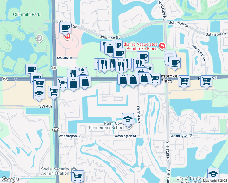 map of restaurants, bars, coffee shops, grocery stores, and more near 11601 Southwest 2nd Street in Pembroke Pines