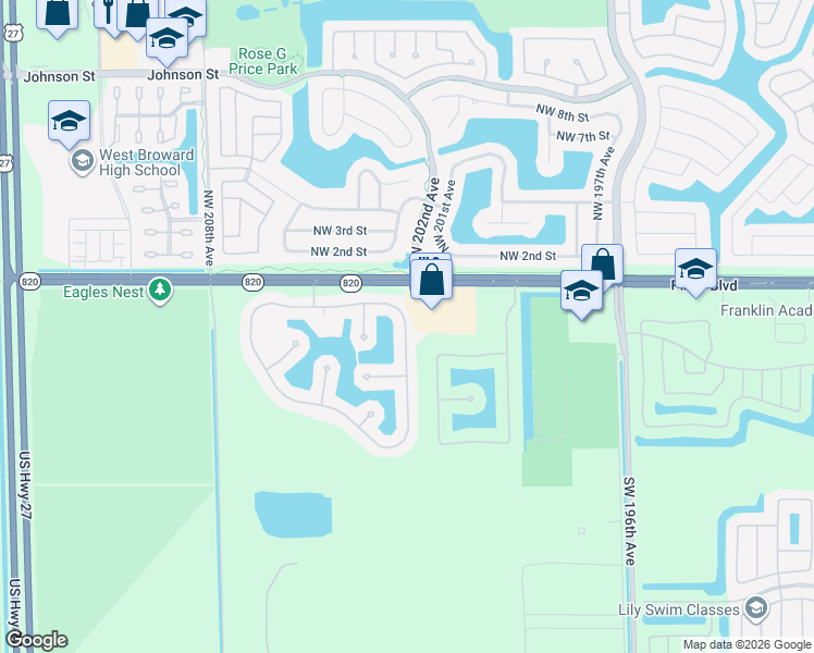 map of restaurants, bars, coffee shops, grocery stores, and more near 191 Southwest 203rd Avenue in Pembroke Pines