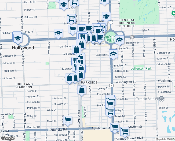 map of restaurants, bars, coffee shops, grocery stores, and more near 2005 Jefferson Street in Hollywood