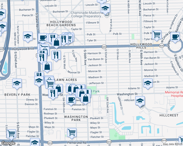 map of restaurants, bars, coffee shops, grocery stores, and more near 5523 Madison Street in Hollywood