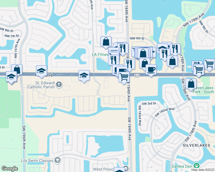 map of restaurants, bars, coffee shops, grocery stores, and more near 186 Southwest 185th Terrace in Pembroke Pines