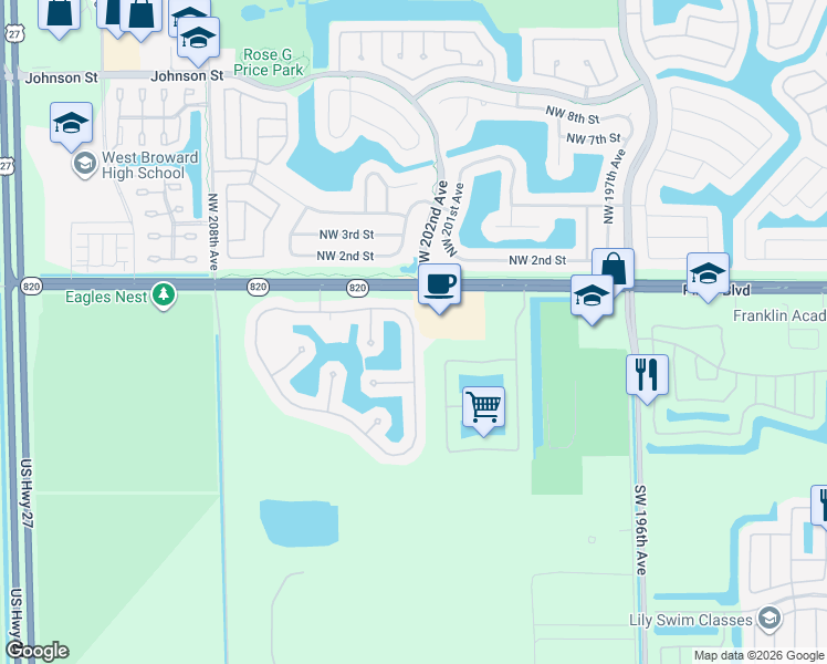 map of restaurants, bars, coffee shops, grocery stores, and more near 191 Southwest 203rd Avenue in Pembroke Pines