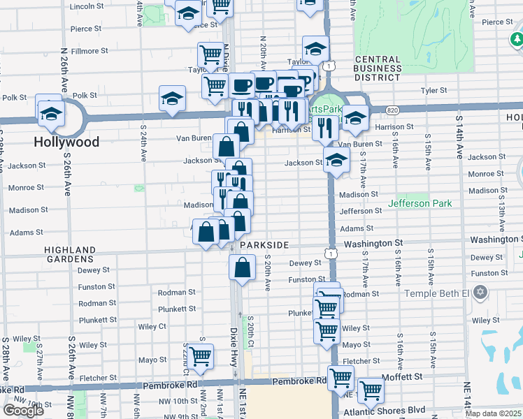 map of restaurants, bars, coffee shops, grocery stores, and more near 1948 Jefferson Street in Hollywood