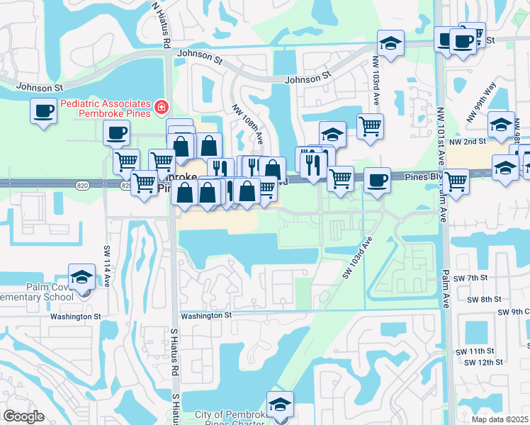 map of restaurants, bars, coffee shops, grocery stores, and more near 10798 Pines Boulevard in Pembroke Pines