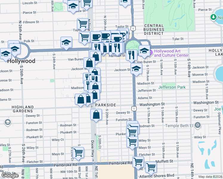 map of restaurants, bars, coffee shops, grocery stores, and more near 1948 Jefferson Street in Hollywood