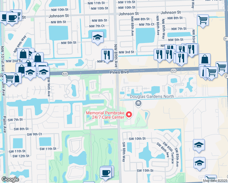map of restaurants, bars, coffee shops, grocery stores, and more near 450 Southwest 88th Terrace in Pembroke Pines