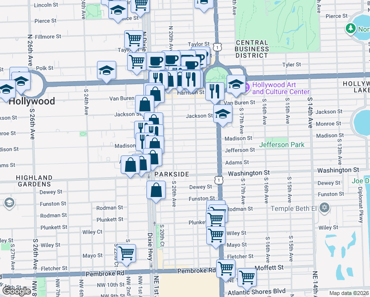 map of restaurants, bars, coffee shops, grocery stores, and more near 1948 Jefferson Street in Hollywood