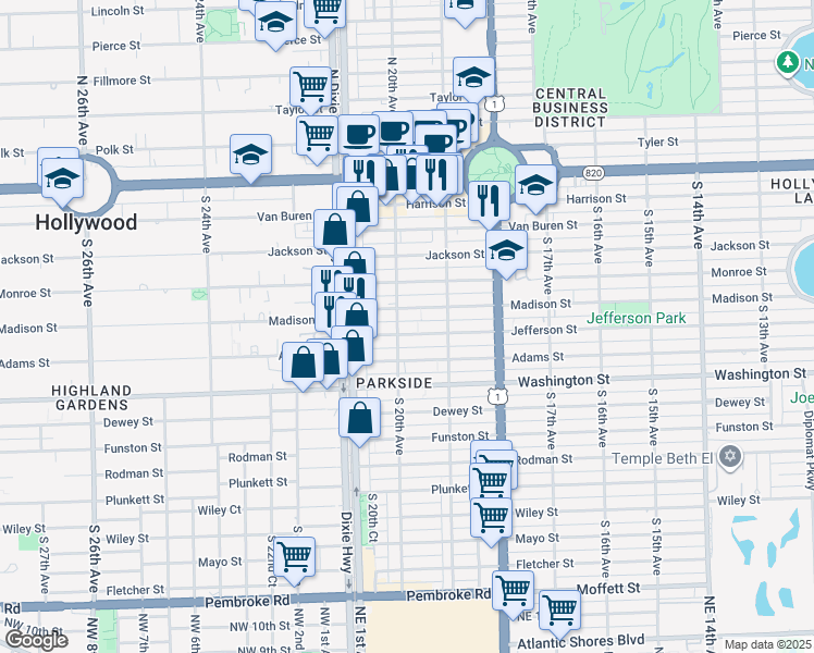 map of restaurants, bars, coffee shops, grocery stores, and more near 1947 Jefferson Street in Hollywood