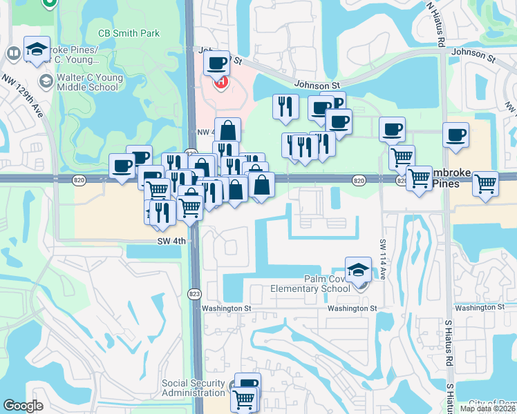 map of restaurants, bars, coffee shops, grocery stores, and more near 11850 Pines Boulevard in Pembroke Pines