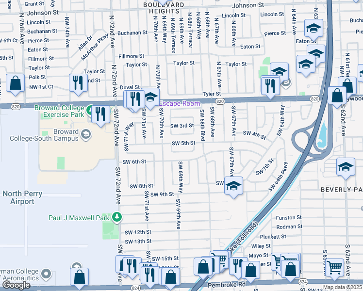 map of restaurants, bars, coffee shops, grocery stores, and more near 6930 Southwest 5th Court in Pembroke Pines