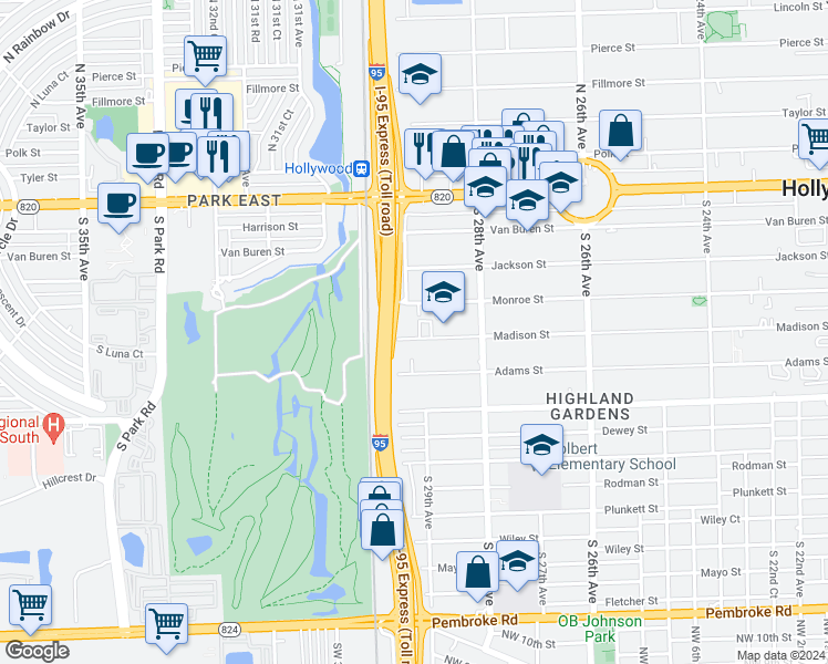 map of restaurants, bars, coffee shops, grocery stores, and more near 542 South 29th Court in Hollywood