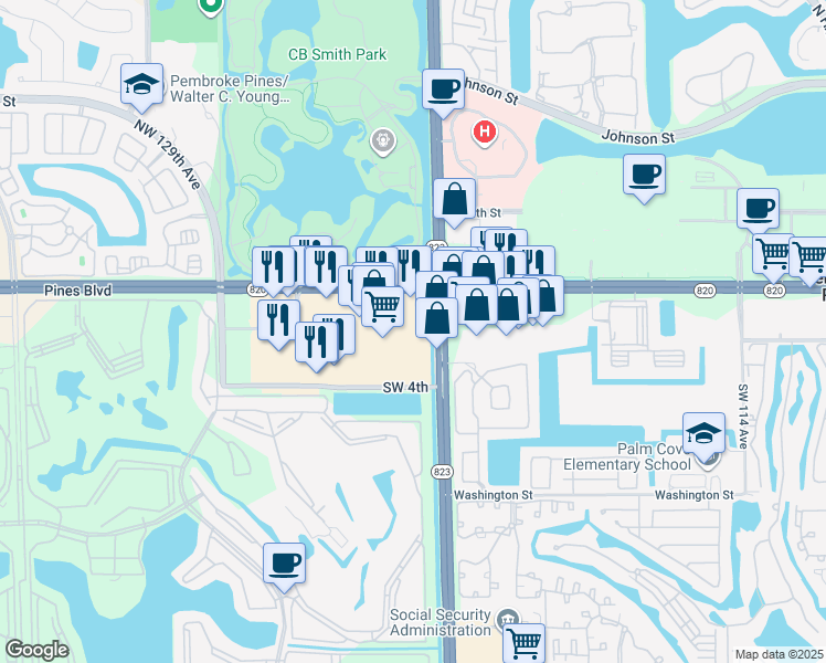 map of restaurants, bars, coffee shops, grocery stores, and more near 100 S Flamingo Rd in Pembroke Pines