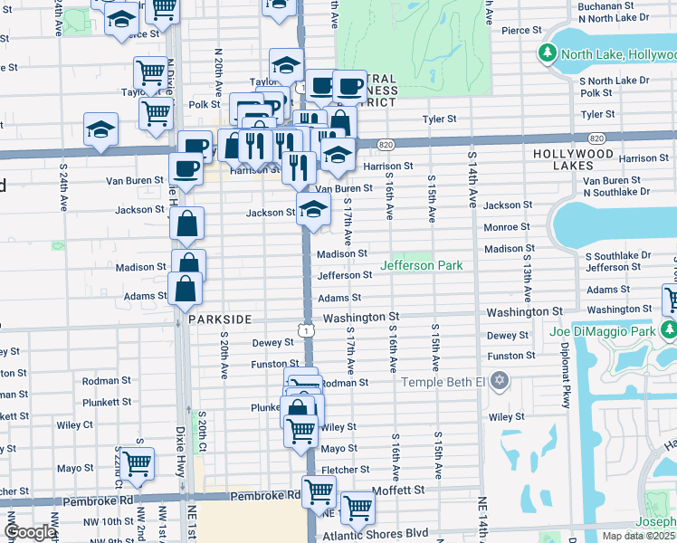 map of restaurants, bars, coffee shops, grocery stores, and more near 1736 Jefferson Street in Hollywood