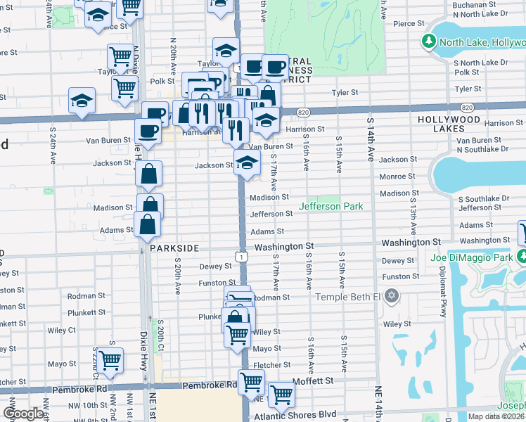 map of restaurants, bars, coffee shops, grocery stores, and more near 1736 Jefferson Street in Hollywood