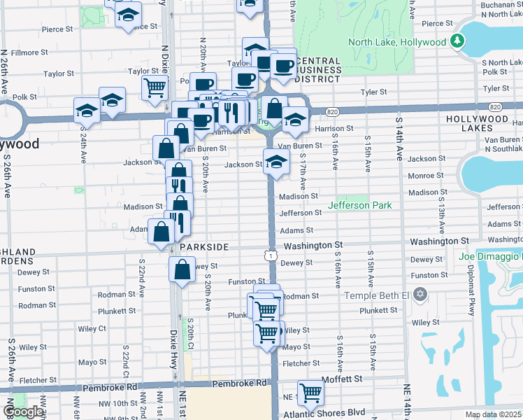 map of restaurants, bars, coffee shops, grocery stores, and more near 1811 Jefferson Street in Hollywood