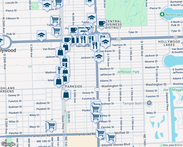 map of restaurants, bars, coffee shops, grocery stores, and more near 1811 Jefferson Street in Hollywood