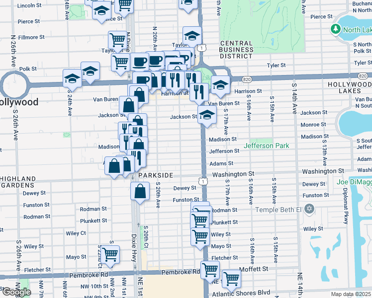 map of restaurants, bars, coffee shops, grocery stores, and more near 706 South 19th Avenue in Hollywood