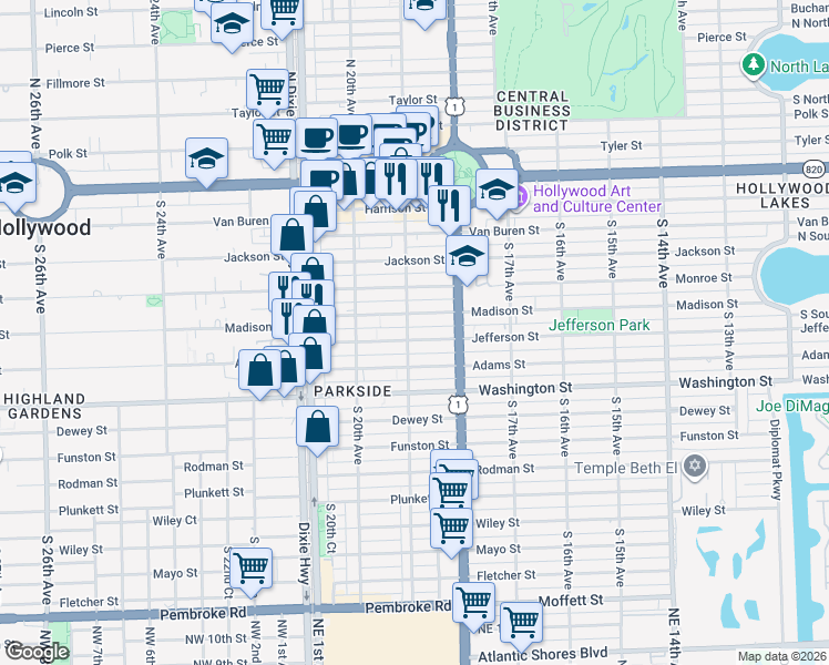 map of restaurants, bars, coffee shops, grocery stores, and more near 706 South 19th Avenue in Hollywood