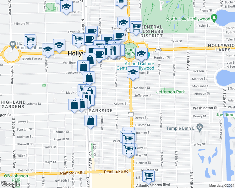 map of restaurants, bars, coffee shops, grocery stores, and more near 706 South 19th Avenue in Hollywood
