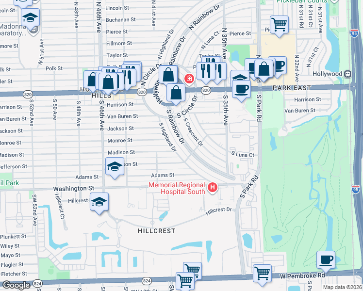 map of restaurants, bars, coffee shops, grocery stores, and more near 607 South Highland Drive in Hollywood