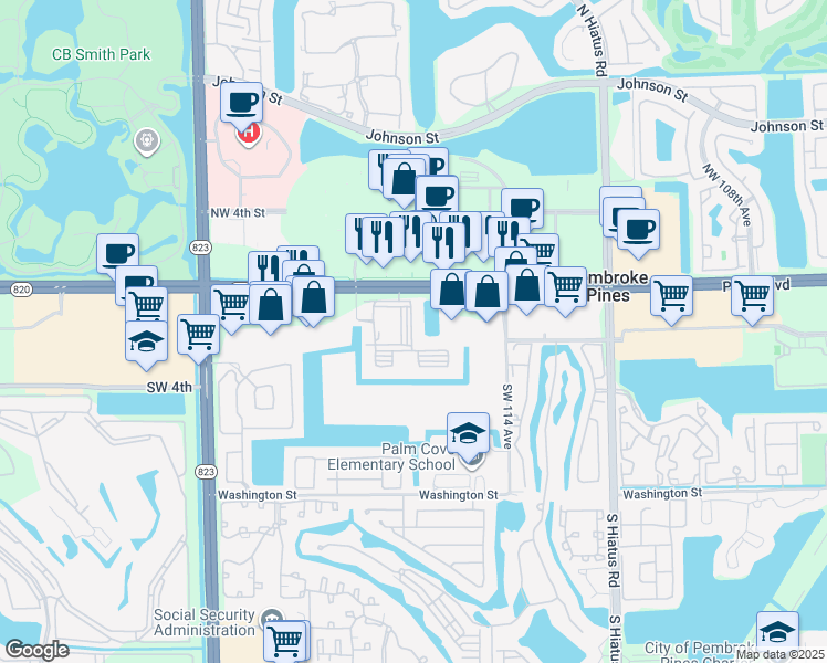 map of restaurants, bars, coffee shops, grocery stores, and more near 11601 Southwest 2nd Street in Pembroke Pines