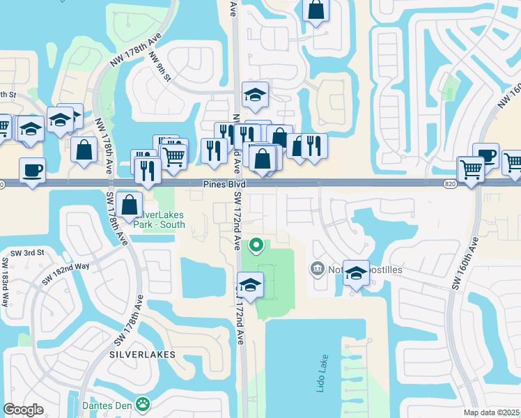 map of restaurants, bars, coffee shops, grocery stores, and more near 201 Southwest 172nd Avenue in Pembroke Pines